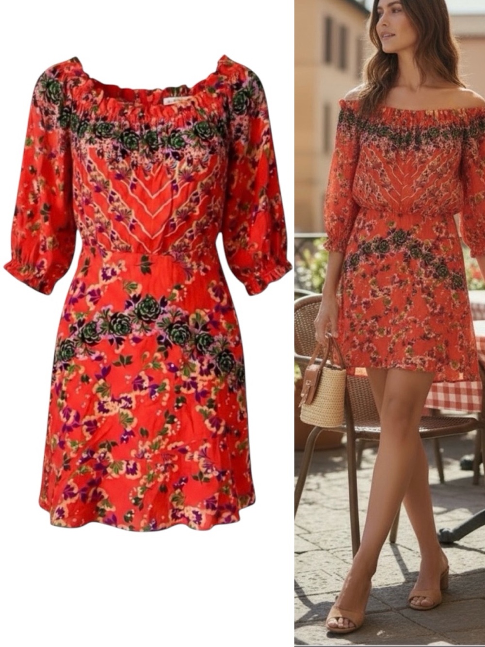 SALONI Grace Silk Off-The-Shoulder Mini Dress Floral Red Coral Size 6 EUC